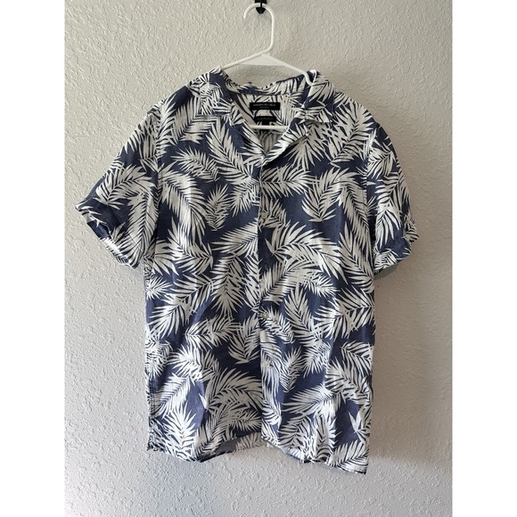 Banana Republic Camden Fit Men S Blue White Linen Palm Print Camp Hawaiian Shirt - Picture 1 of 4